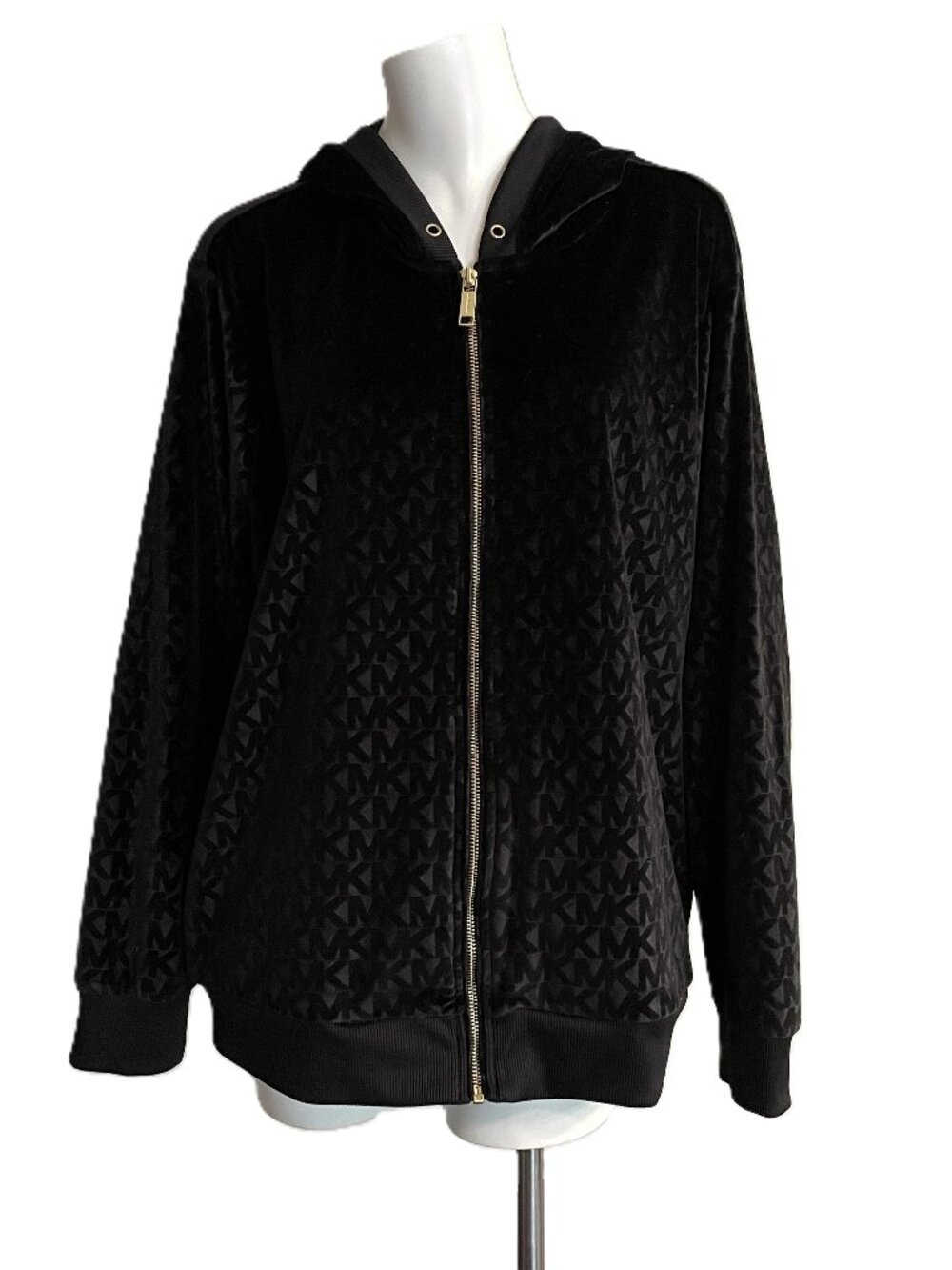 Michael Kors Hoodie Jacket Velour Women's Plus 2X Black Full Zip All-Over Logo